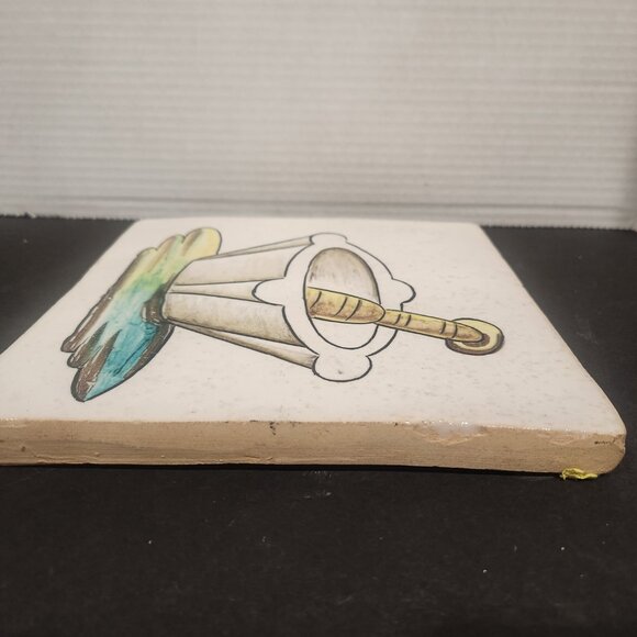 Vintage Kitchen ClayTile Hand Painted with a Mortar & Pestle Grazed 8.25" - Picture 5 of 6